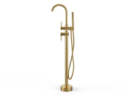 Handmade Brushed Brass Freestanding Tub Filler Floor Mount | Satin Gold Bathtub Faucet With Hand Shower | Modern Luxury Artisan Tap
