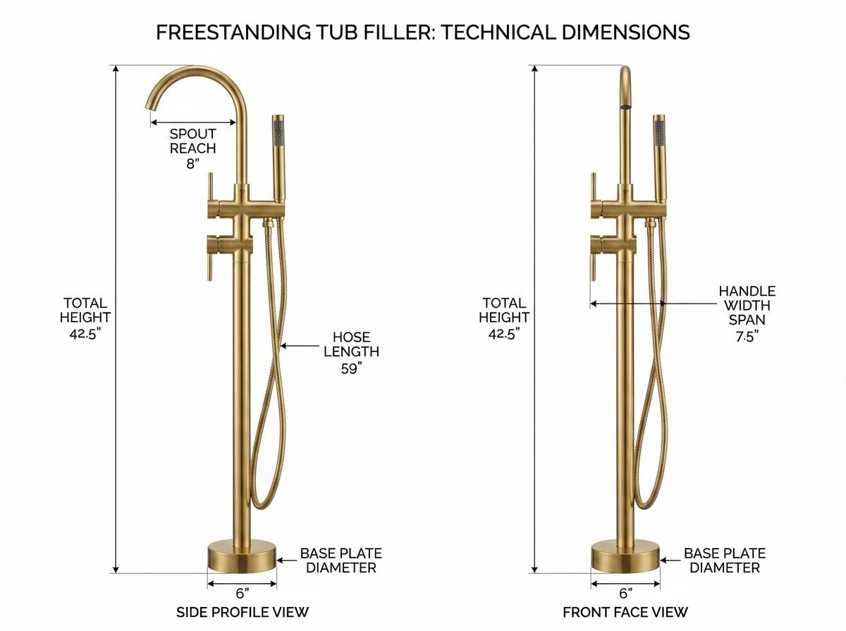 Handmade Brushed Brass Freestanding Tub Filler Floor Mount | Satin Gold Bathtub Faucet With Hand Shower | Modern Luxury Artisan Tap