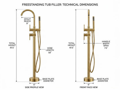 Handmade Brushed Brass Freestanding Tub Filler Floor Mount | Satin Gold Bathtub Faucet With Hand Shower | Modern Luxury Artisan Tap