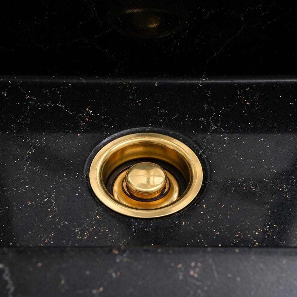 Unlacquered Brass Disposal Flange & Stopper | InSinkErator Compatible Kitchen Sink Drain | 3 Bolt Living Finish Brass Drain Set