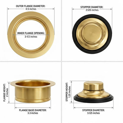 Unlacquered Brass Disposal Flange & Stopper | InSinkErator Compatible Kitchen Sink Drain | 3 Bolt Living Finish Brass Drain Set