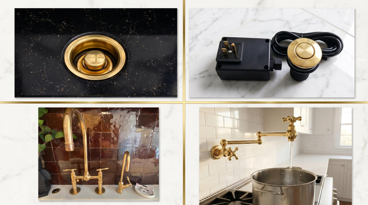 Complete Brass Kitchen Hardware Set | Faucet, Sprayer, Pot Filler, Air Switch & disposal flange