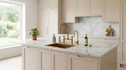 Unlacquered Brass Bridge Kitchen Faucet 8in, Solid Brass, Vintage Farmhouse Sink Tap w/ Cross Handles & Sprayer | Handmade in Morocco