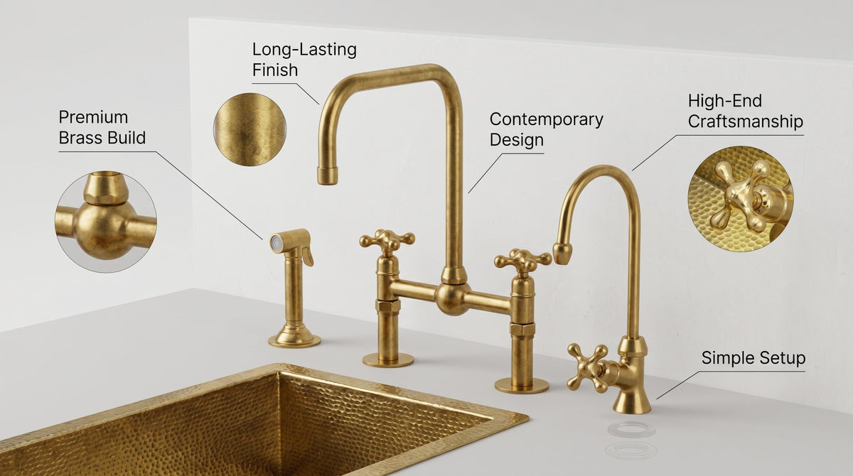 Unlacquered Brass Bridge Kitchen Faucet 8in, Solid Brass, Vintage Farmhouse Sink Tap w/ Cross Handles & Sprayer | Handmade in Morocco