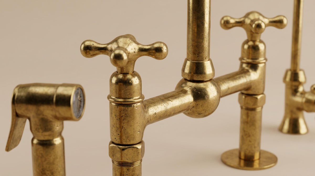 Unlacquered Brass Bridge Kitchen Faucet 8in, Solid Brass, Vintage Farmhouse Sink Tap w/ Cross Handles & Sprayer | Handmade in Morocco