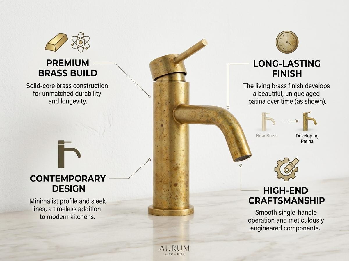 Unlacquered Brass Bathroom Faucet – Single-Hole Vanity Sink Tap, Vintage Modern, Basin Mixer Alternative, Moroccan Handmade Faucet