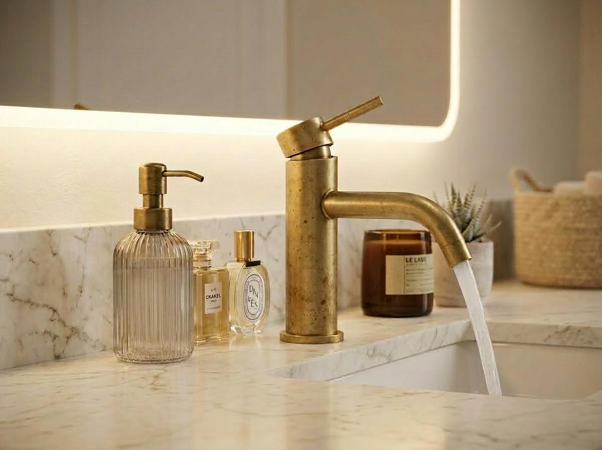 Unlacquered Brass Bathroom Faucet – Single-Hole Vanity Sink Tap, Vintage Modern, Basin Mixer Alternative, Moroccan Handmade Faucet