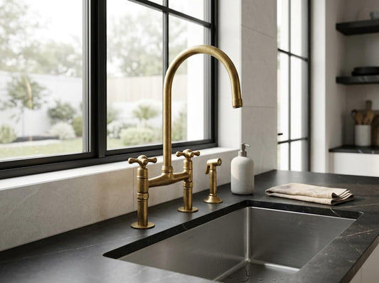 Unlacquered Brass Bridge Kitchen Faucet – Solid Brass Deck-Mount, Victorian Style, with Brass Sprayer & Cold Tap
