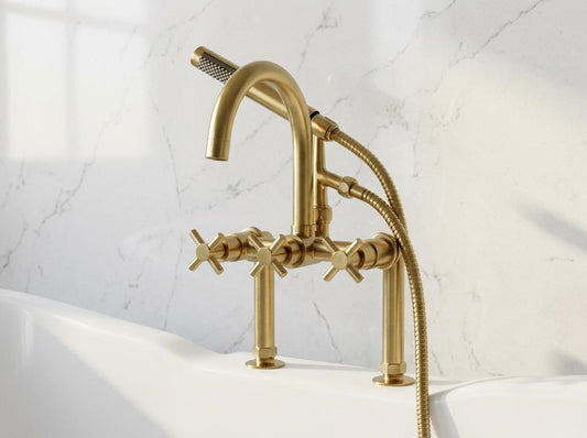 Unlacquered Brass Clawfoot Tub Faucet | 2-Hole Deck-Mount Tub Filler with Hand Shower | Vintage 3-Handle Bathtub Faucet Set