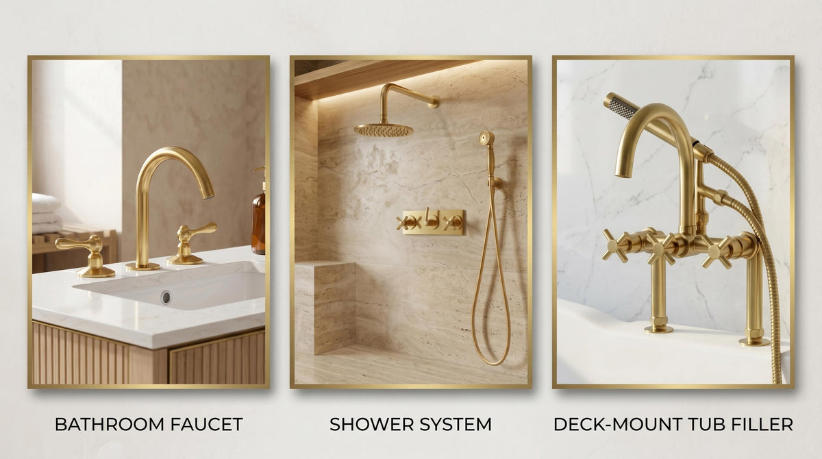 Complete Brass Bathroom Hardware Set | 2 Bathroom Faucet, Shower System, Deck-Mount Tub Filler