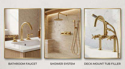 Complete Brass Bathroom Hardware Set | 2 Bathroom Faucet, Shower System, Deck-Mount Tub Filler