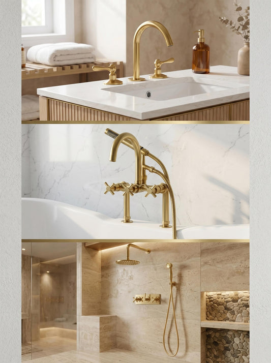 Complete Brass Bathroom Hardware Set | 2 Bathroom Faucet, Shower System, Deck-Mount Tub Filler
