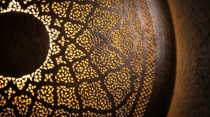 Handmade Moroccan Brass Wall Sconce Filigree Round Light | Boho Arabesque Metal Wall Lamp | Geometric Shadow Pattern Artisan Home Decor