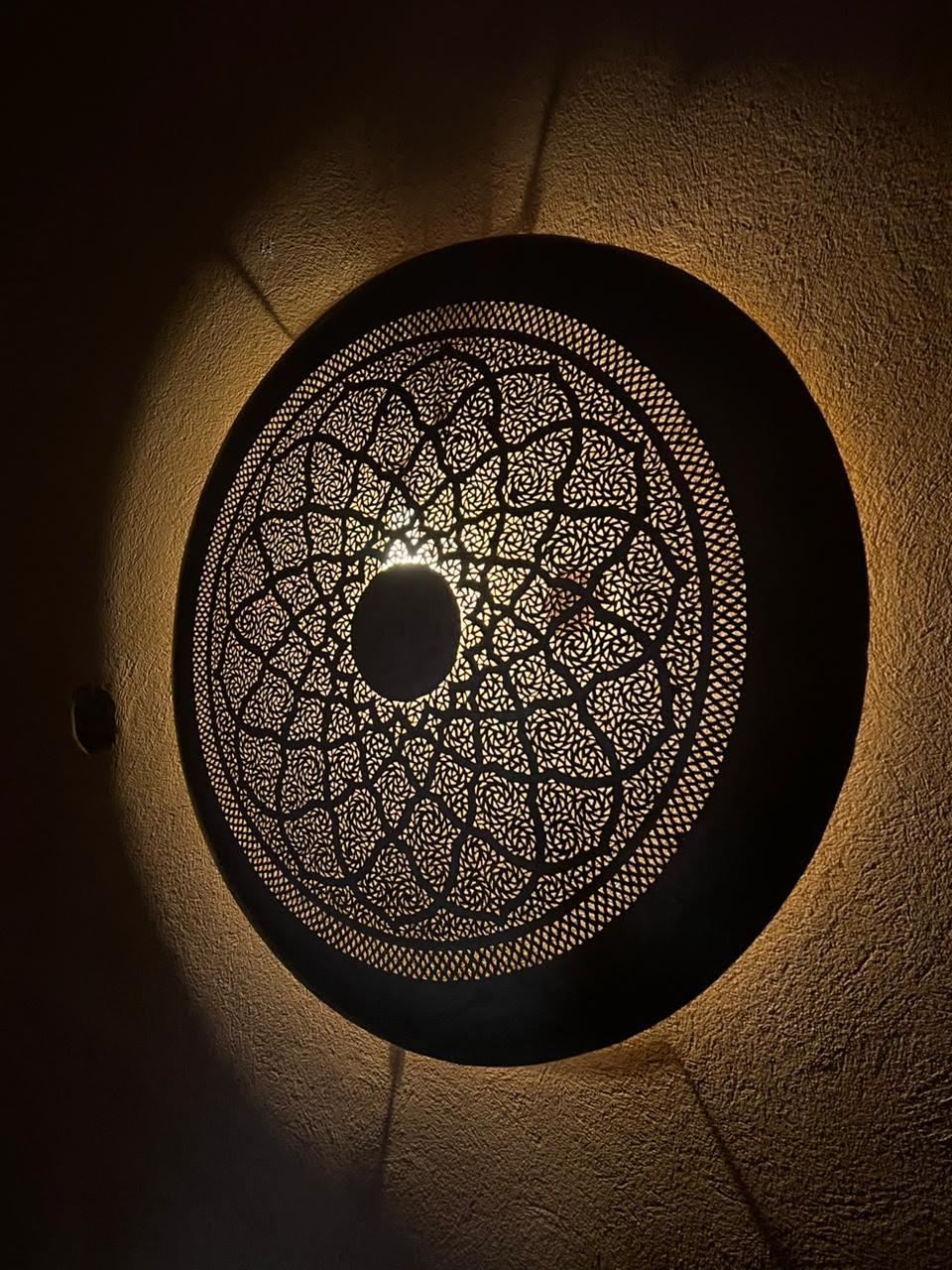 Handmade Moroccan Brass Wall Sconce Filigree Round Light | Boho Arabesque Metal Wall Lamp | Geometric Shadow Pattern Artisan Home Decor