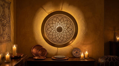 Handmade Moroccan Brass Wall Sconce Filigree Round Light | Boho Arabesque Metal Wall Lamp | Geometric Shadow Pattern Artisan Home Decor