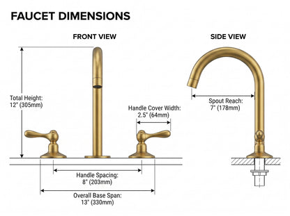 Unlacquered Brass Bathroom Faucet, Solid Brass Widespread, Vintage Style Vanity Tap, Moroccan Handmade Faucet