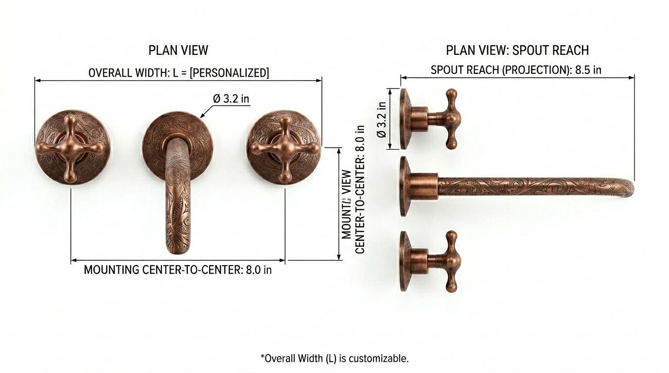 Handmade Copper Brass Wall Mounted Faucet Cross Handle | Unlacquered Antique Wall Mount Basin Tap |Vintage Moroccan Artisan Bathroom Fixture