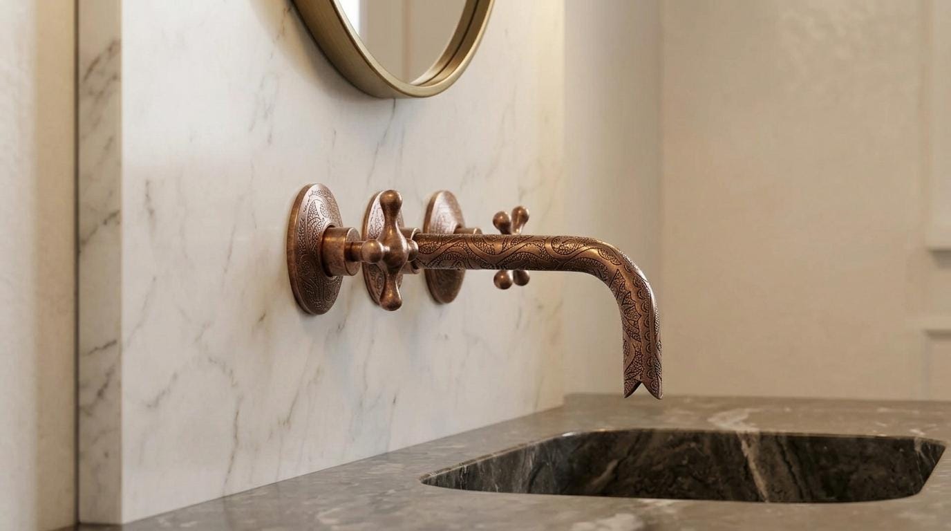 Handmade Copper Brass Wall Mounted Faucet Cross Handle | Unlacquered Antique Wall Mount Basin Tap |Vintage Moroccan Artisan Bathroom Fixture