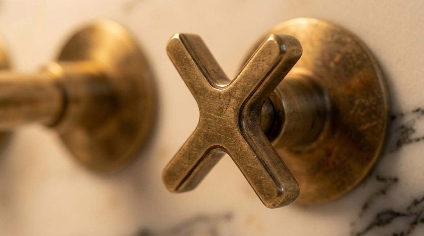 Handmade Unlacquered Brass Wall Mount Faucet Cross Handle | Natural Patina Wall Mounted Basin Tap | Vintage Antique Moroccan Artisan Fixture