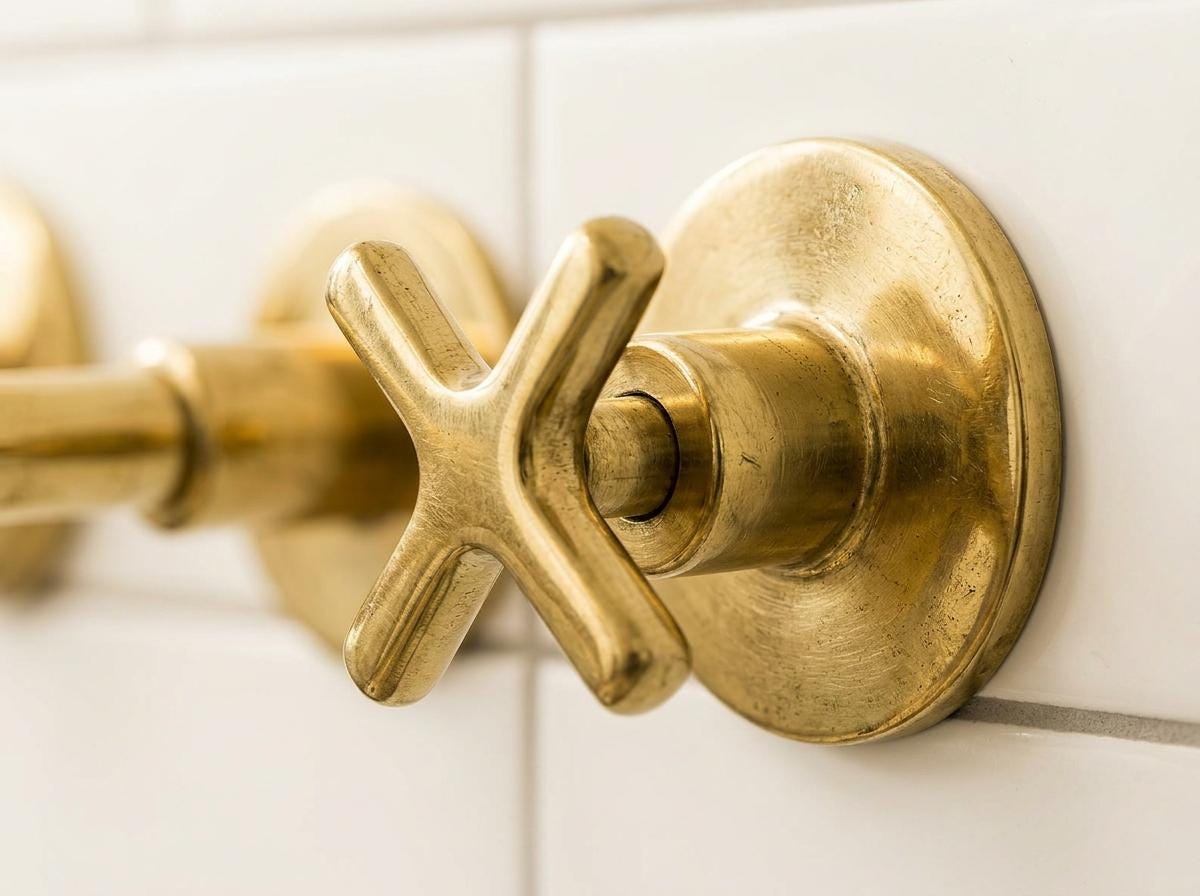 Handmade Unlacquered Brass Wall Mount Faucet With Valve | Antique Cross Handle Wall Bathroom Tap | Vintage Polished Gold Moroccan Fixture