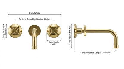 Handmade Unlacquered Brass Wall Mount Faucet With Valve | Antique Cross Handle Wall Bathroom Tap | Vintage Polished Gold Moroccan Fixture