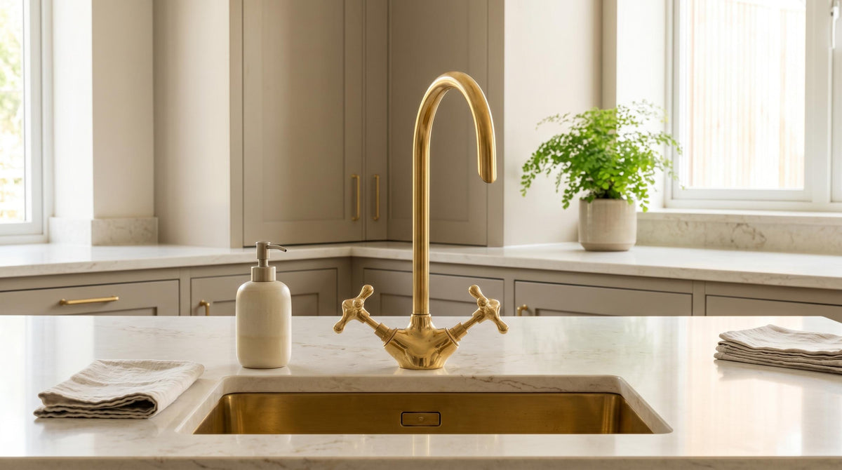 Bathroom Faucet Unlacquered Solid Brass Gooseneck Vanity Tap, Kitchen Faucet, Vintage Cross Handles, Aged Brass, Handmade in Morocco