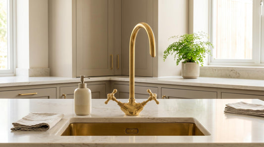 Bathroom Faucet Unlacquered Solid Brass Gooseneck Vanity Tap, Kitchen Faucet, Vintage Cross Handles, Aged Brass, Handmade in Morocco