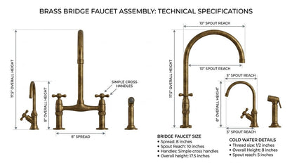 Handmade Unlacquered Brass Bridge Kitchen Faucet | 8 Inch Cross Handle With Side Sprayer | Vintage Antique Farmhouse Moroccan Artisan Tap