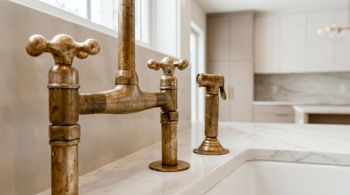 Handmade Unlacquered Brass Bridge Kitchen Faucet | 8 Inch Cross Handle With Side Sprayer | Vintage Antique Farmhouse Moroccan Artisan Tap