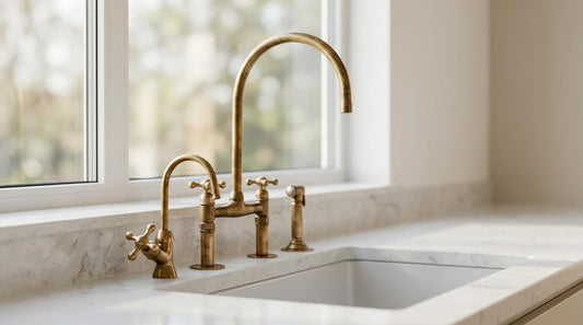 Handmade Unlacquered Brass Bridge Kitchen Faucet | 8 Inch Cross Handle With Side Sprayer | Vintage Antique Farmhouse Moroccan Artisan Tap