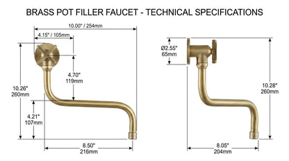 Handmade Unlacquered Brass Pot Filler Faucet Wall Mount | Solid Brass Stove Filler Vintage Farmhouse Kitchen Tap | Moroccan Artisan Fixture