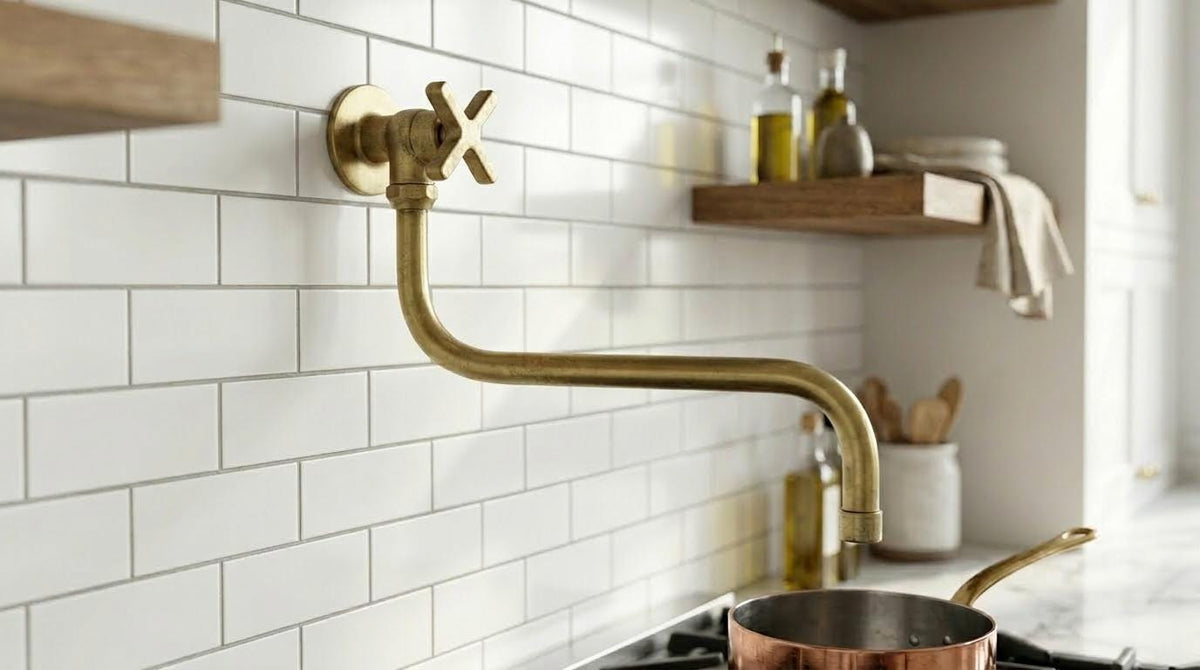 Handmade Unlacquered Brass Pot Filler Faucet Wall Mount | Solid Brass Stove Filler Vintage Farmhouse Kitchen Tap | Moroccan Artisan Fixture