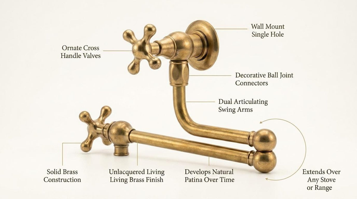 Handmade Unlacquered Brass Double Joint Pot Filler Faucet | Articulating Wall Mount Stove Tap | Vintage Polished Moroccan Artisan Kitchen