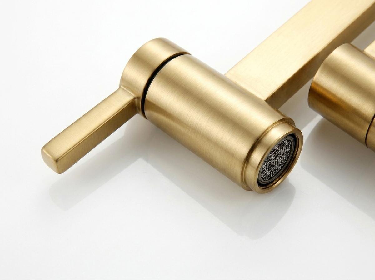 Handmade Brushed Brass Double Arm Pot Filler Faucet Wall Mount | Modern Minimalist Stove Kitchen Tap | Satin Gold Moroccan Artisan Fixture