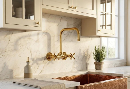 Handmade Unlacquered Brass Wall Mount Bridge Faucet Two Handle | 360 Swivel Mixer Kitchen Bathroom Tap | Vintage Farmhouse Moroccan Artisan