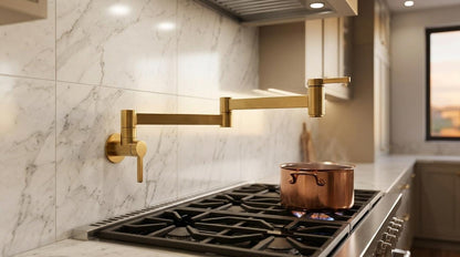 Handmade Brushed Brass Double Arm Pot Filler Faucet Wall Mount | Modern Minimalist Stove Kitchen Tap | Satin Gold Moroccan Artisan Fixture