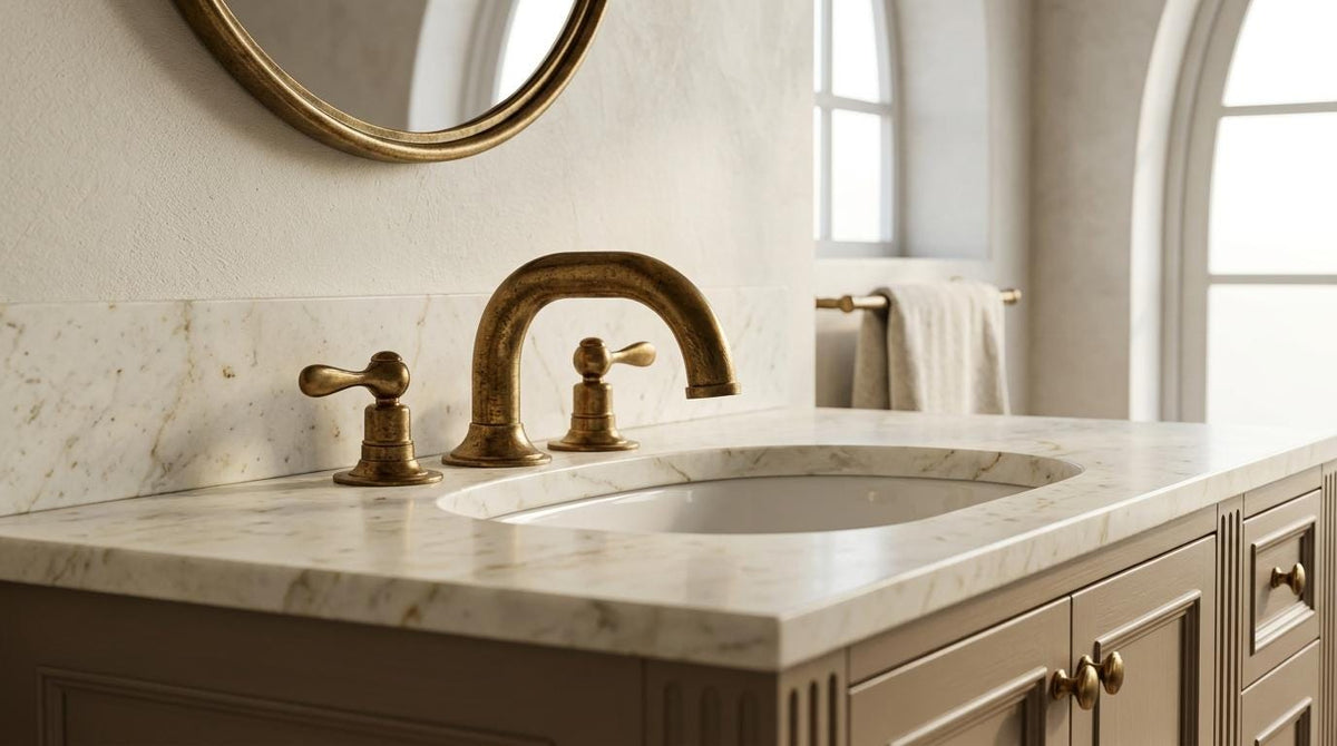 Handmade Unlacquered Brass Widespread Bathroom Faucet | Gooseneck 3 Hole Lever Handle Vanity Tap | Antique Vintage Living Patina Artisan