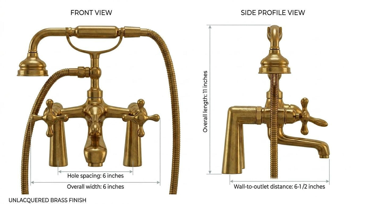 Handmade Unlacquered Brass Bathtub Faucet Deck Mount | Telephone Hand Shower Tub Filler | Vintage Clawfoot Polished Gold Moroccan Artisan