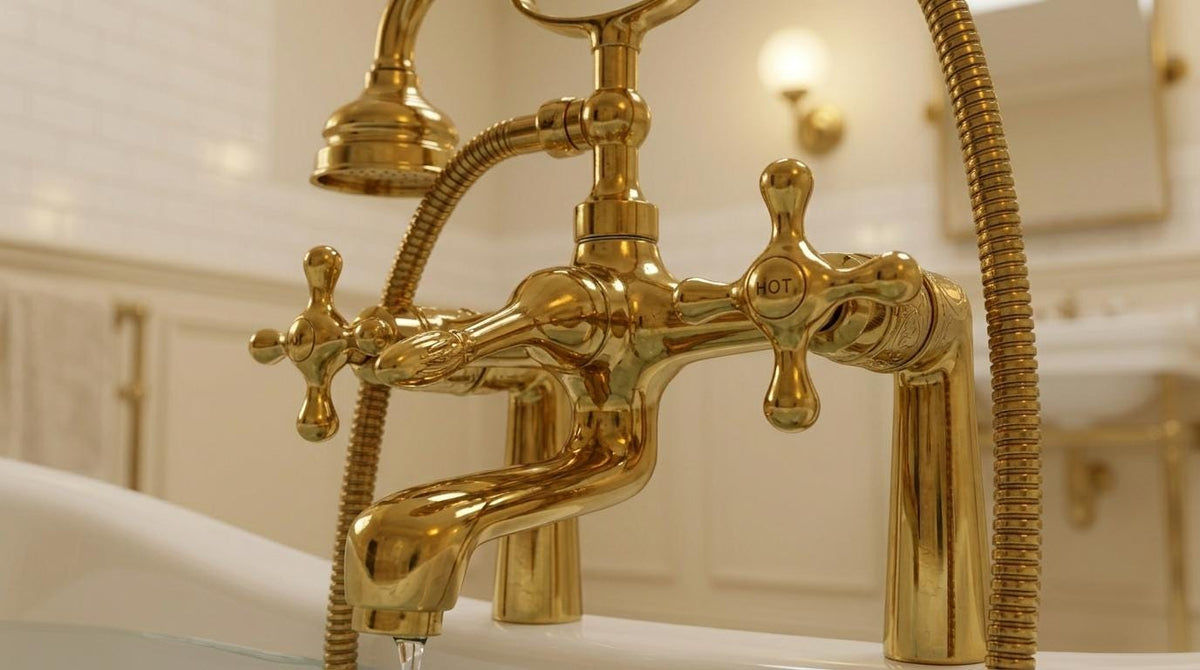 Handmade Unlacquered Brass Bathtub Faucet Deck Mount | Telephone Hand Shower Tub Filler | Vintage Clawfoot Polished Gold Moroccan Artisan