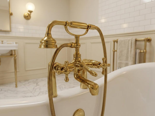 Handmade Unlacquered Brass Bathtub Faucet Deck Mount | Telephone Hand Shower Tub Filler | Vintage Clawfoot Polished Gold Moroccan Artisan
