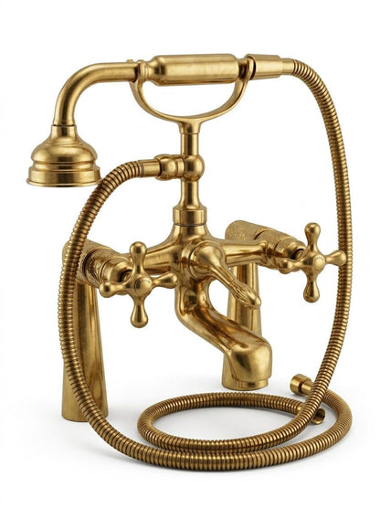Handmade Unlacquered Brass Bathtub Faucet Deck Mount | Telephone Hand Shower Tub Filler | Vintage Clawfoot Polished Gold Moroccan Artisan