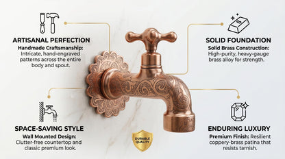 Handmade Engraved Copper Moroccan Wall Faucet, Arabesque Decorative Garden Outdoor Tap, Antique Single Hole Artisan Bathroom Kitchen Spigot