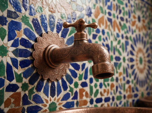 Handmade Engraved Copper Moroccan Wall Faucet, Arabesque Decorative Garden Outdoor Tap, Antique Single Hole Artisan Bathroom Kitchen Spigot