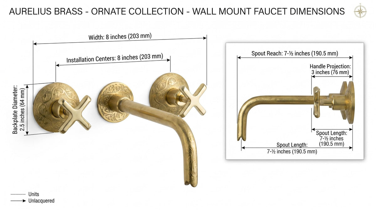Engraved Brass 3-Hole Wall Faucet | Moroccan Double Handle Arabesque Bathroom Tap | Unlacquered Polished Luxury Artisan Sink Faucet