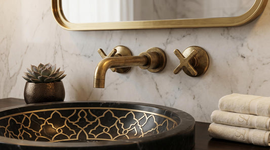 Black Marble Vessel Sink Set | Antique Brass 3-Hole Wall Faucet | Moroccan Arabesque Copper Bathroom Luxury Spa Washbasin Faucet Set
