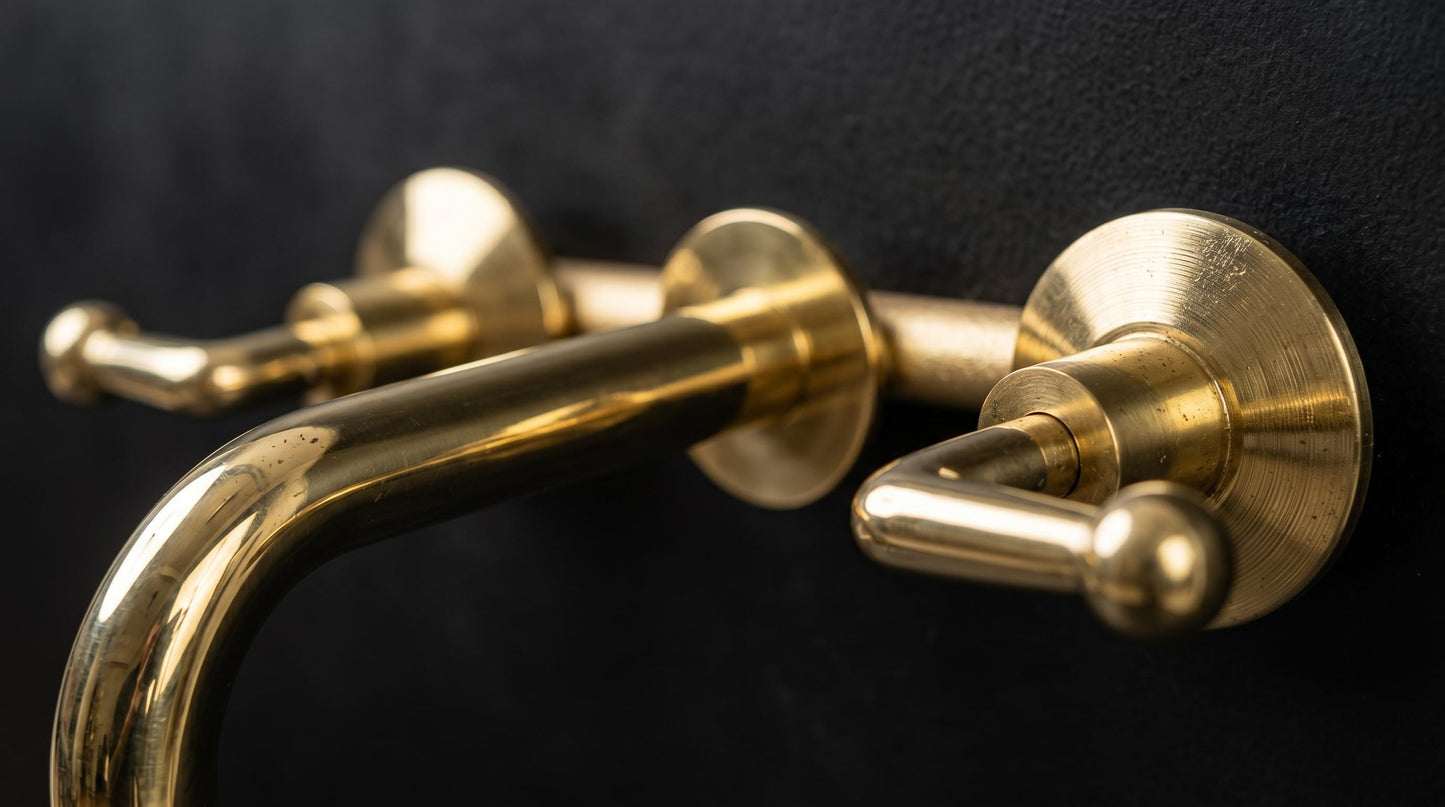 Unlacquered Brass 3-Hole Wall Mount Faucet | Lever Handle Bathroom Tap | Vintage Antique Solid Brass Widespread Luxury Sink Faucet