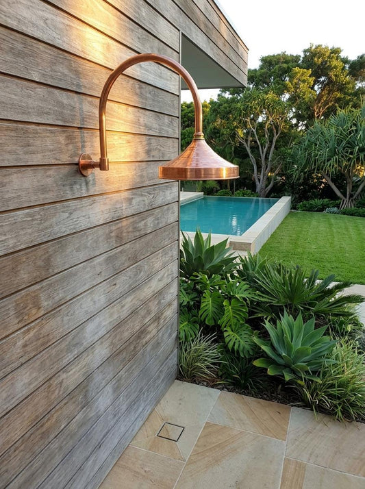 Solid Copper Rain Shower Head | Vintage Gooseneck Wall Mount | Antique Round Rainfall Showerhead Indoor Outdoor Bathroom Fixture