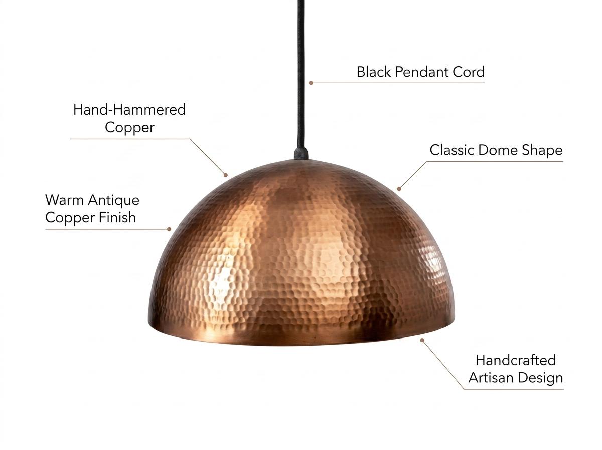 Handmade Hammered Copper Dome Pendant Light | Rustic Kitchen Island Ceiling Lamp | Bohemian Farmhouse Moroccan Artisan Hanging Light Fixture