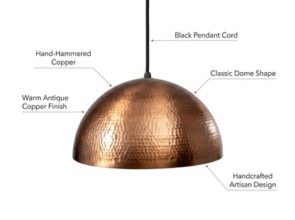 Handmade Hammered Copper Dome Pendant Light | Rustic Kitchen Island Ceiling Lamp | Bohemian Farmhouse Moroccan Artisan Hanging Light Fixture