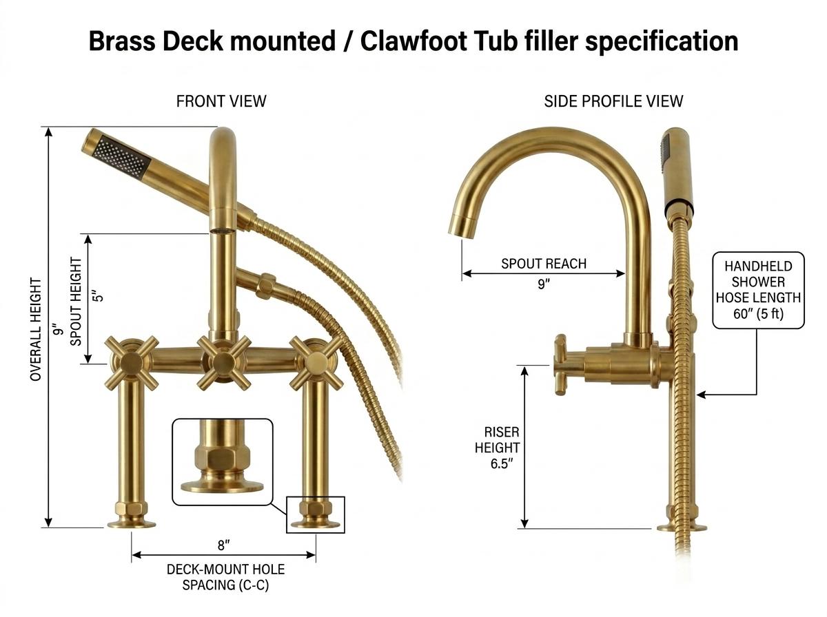 Complete Brass Bathroom Hardware Set | 2 Bathroom Faucet, Shower System, Deck-Mount Tub Filler